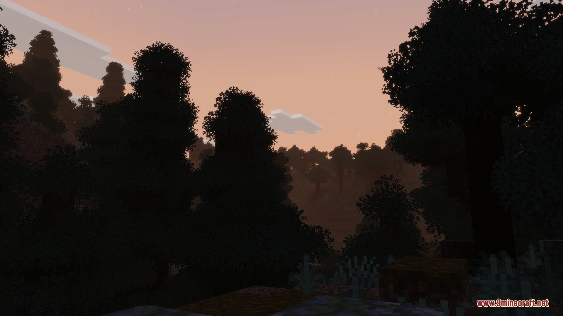 Blush Resource Pack Screenshot 4 Soft sunset light glowing over a dark forest with silhouetted pine trees