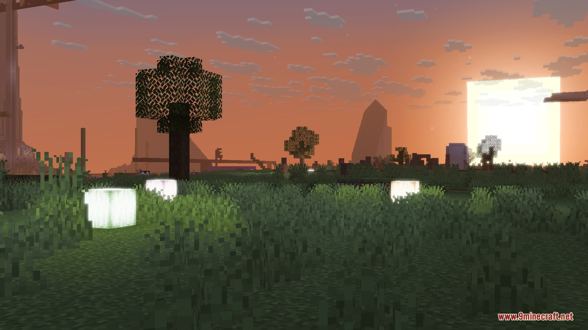 Blush Resource Pack Screenshot 5 Glowing blocks illuminate a grassy field during a vibrant Minecraft sunset scene