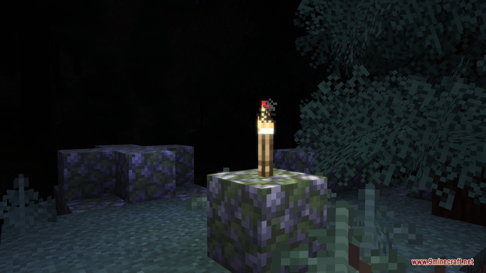 Blush Resource Pack Screenshot 6 A torch on a mossy block displays a soft glowing bloom effect