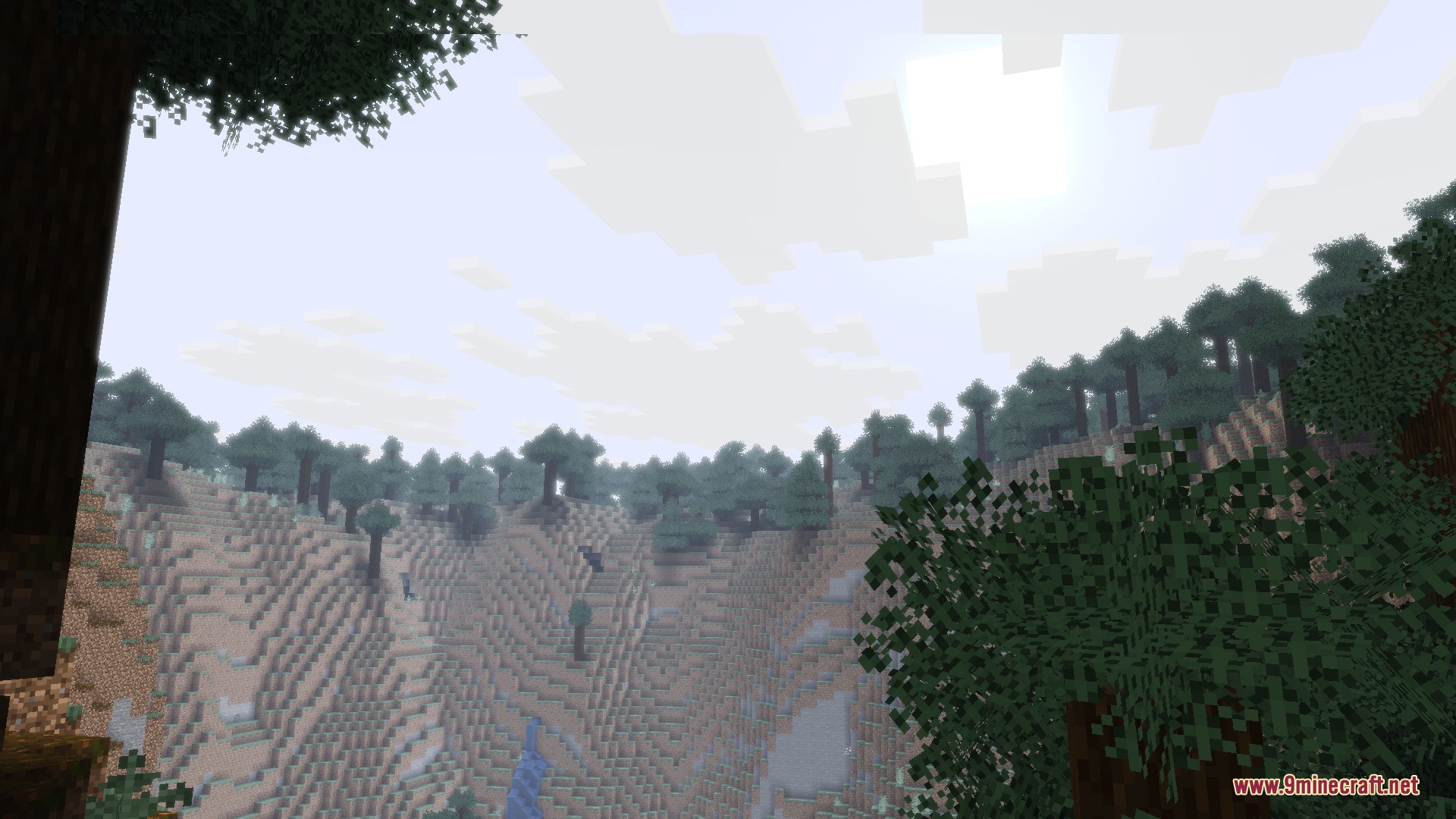 Blush Resource Pack Screenshot 7 A peaceful Minecraft landscape with a forest and a bright glowing sky