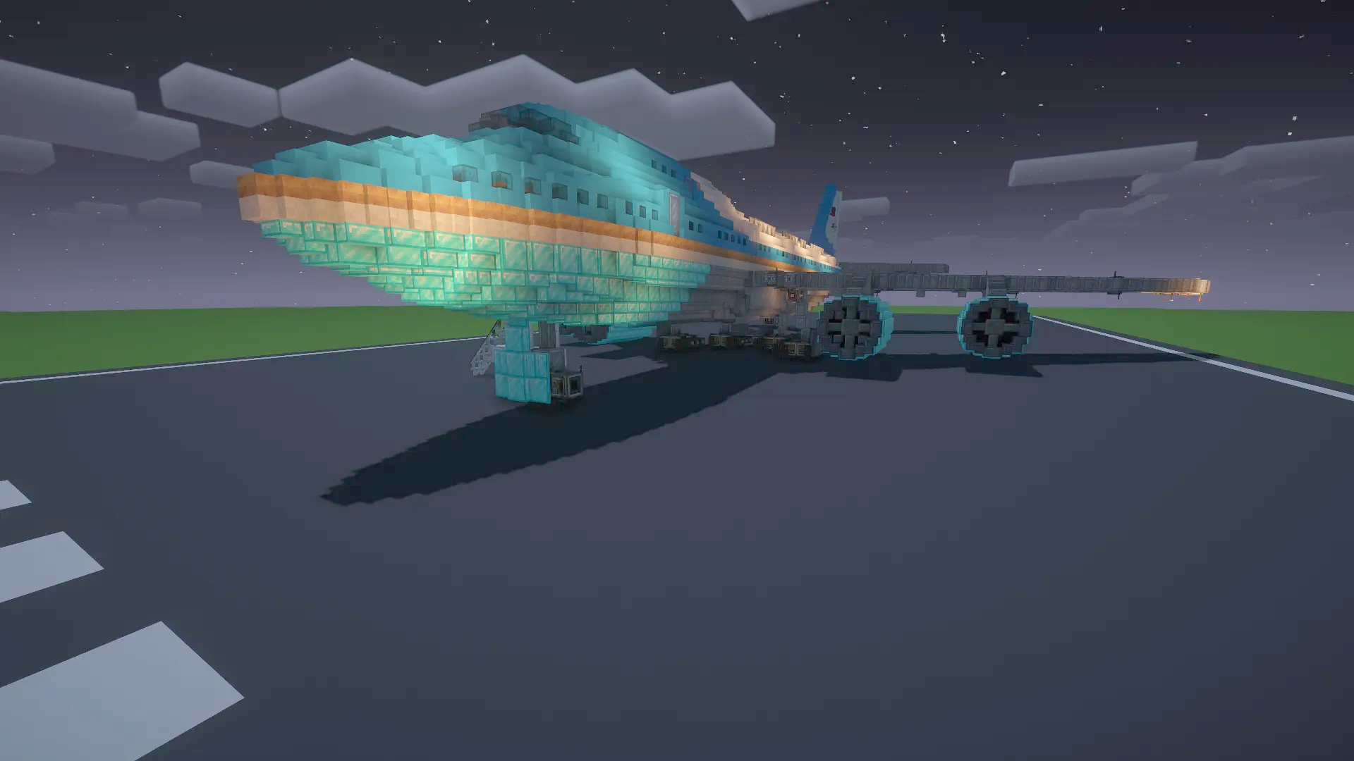 Front perspective of the Air Force One aircraft on a Minecraft landing strip
