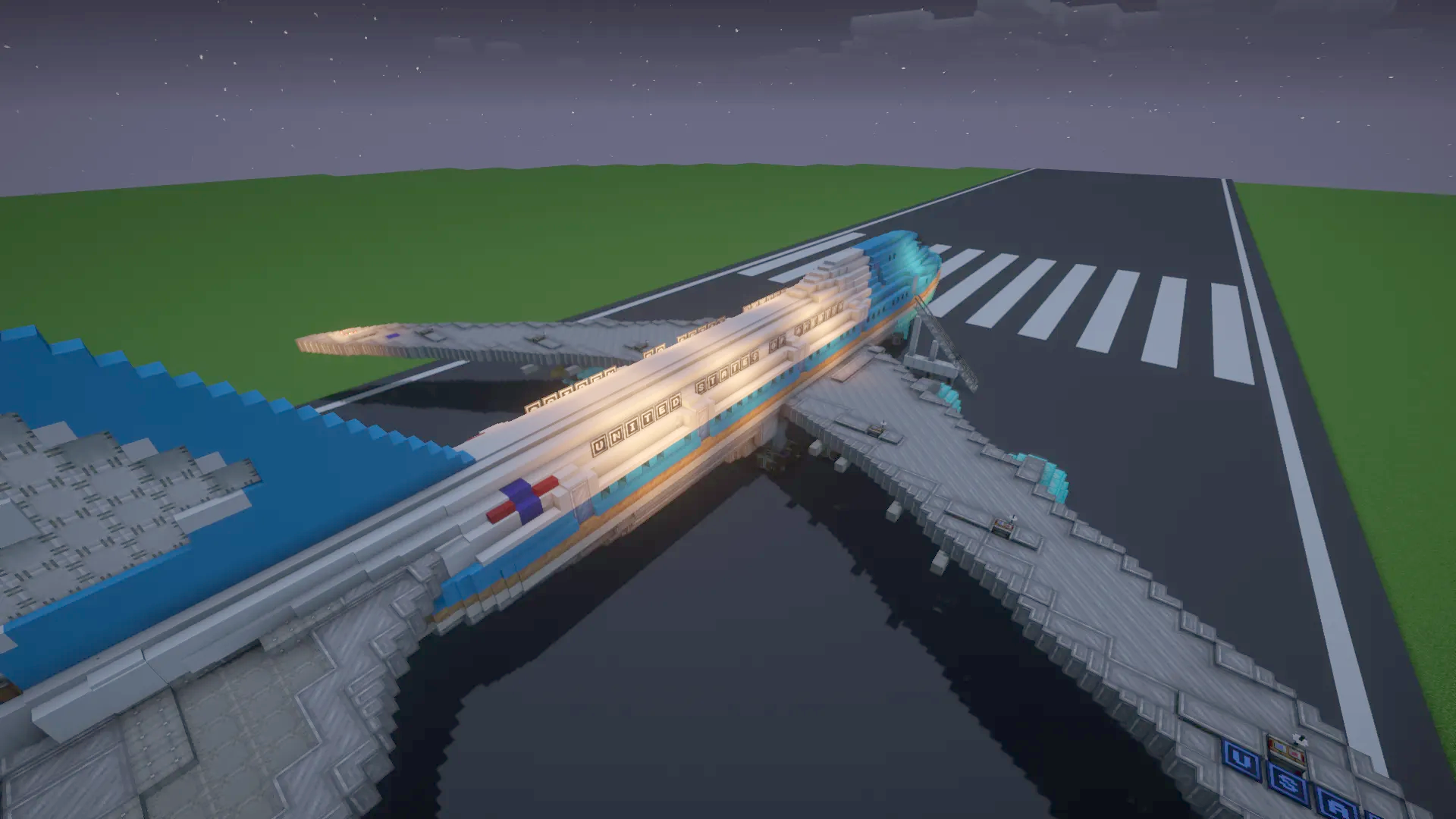 A large Minecraft replica of Air Force One parked on a dark runway