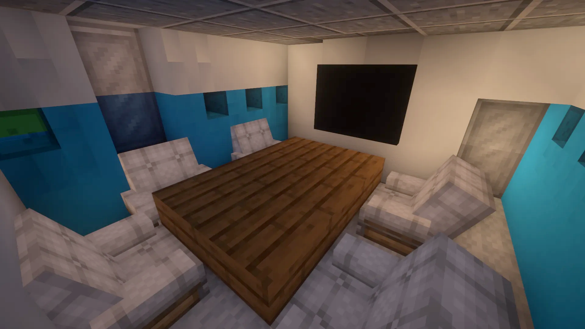 Detailed interior of a Minecraft plane featuring a wooden conference table and chairs