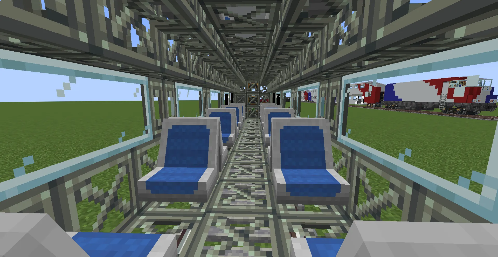 Bombardier Bi Level Coach Blank Schematic Screenshots 1 Interior view of a double decker train car with blue passenger seats