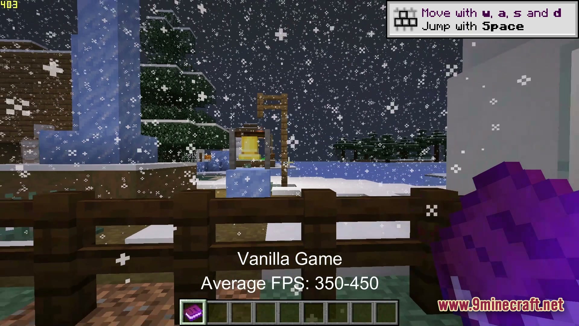 Boosted FPS Performance Optimized Modpack Screenshot 1 A snowy Minecraft landscape at night featuring a wooden fence, a bell, and falling snow