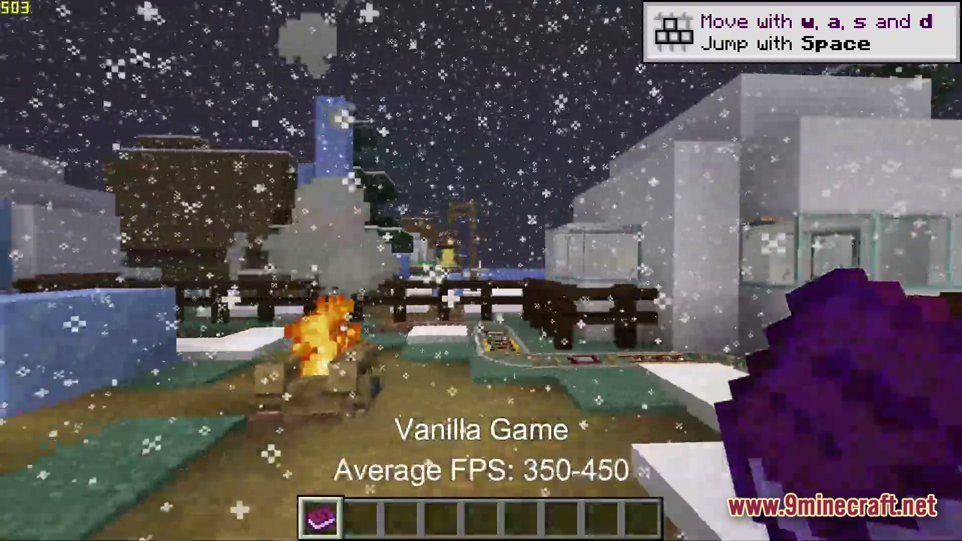 Boosted FPS Performance Optimized Modpack Screenshot 2 A campfire burns in a snowy village at night with a high frame rate counter displayed