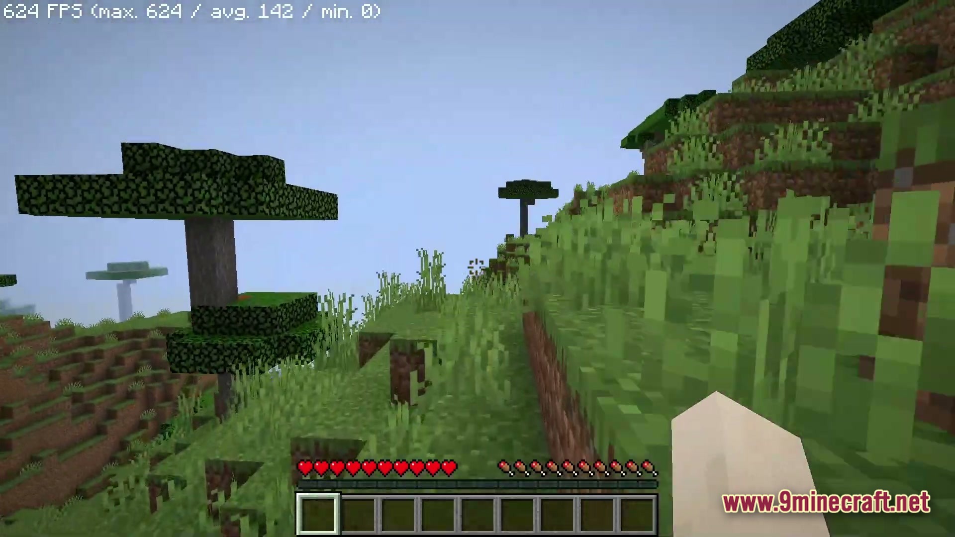 Boosted FPS Performance Optimized Modpack Screenshot 5 A first-person view of a grassy Minecraft hillside featuring acacia trees and a high frame rate counter
