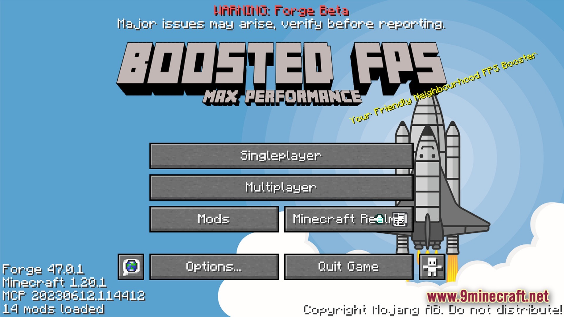 Boosted FPS Performance Optimized Modpack Screenshot 7 The main menu of the Boosted FPS modpack featuring a rocket ship and custom title text