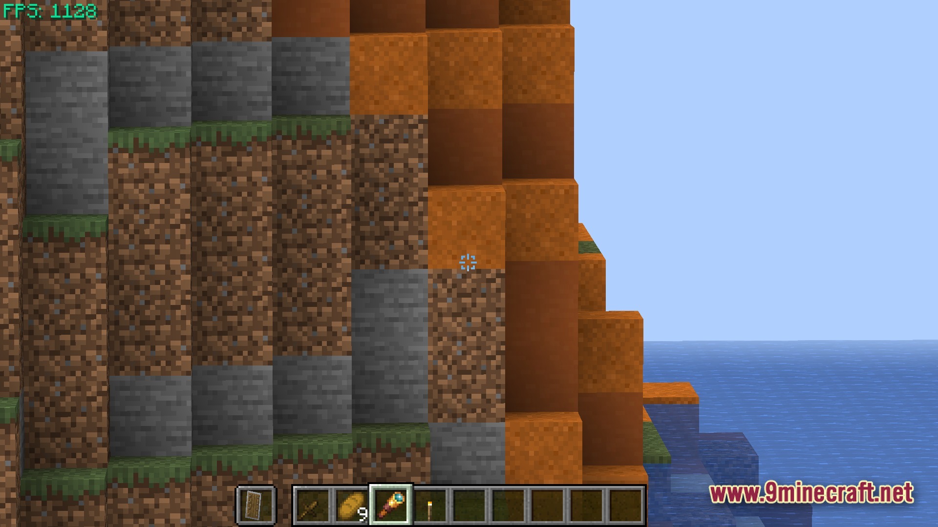Boosted FPS Performance Optimized Modpack Screenshot 8 A cliffside featuring dirt, stone, and terracotta blocks overlooking an ocean with a high FPS counter