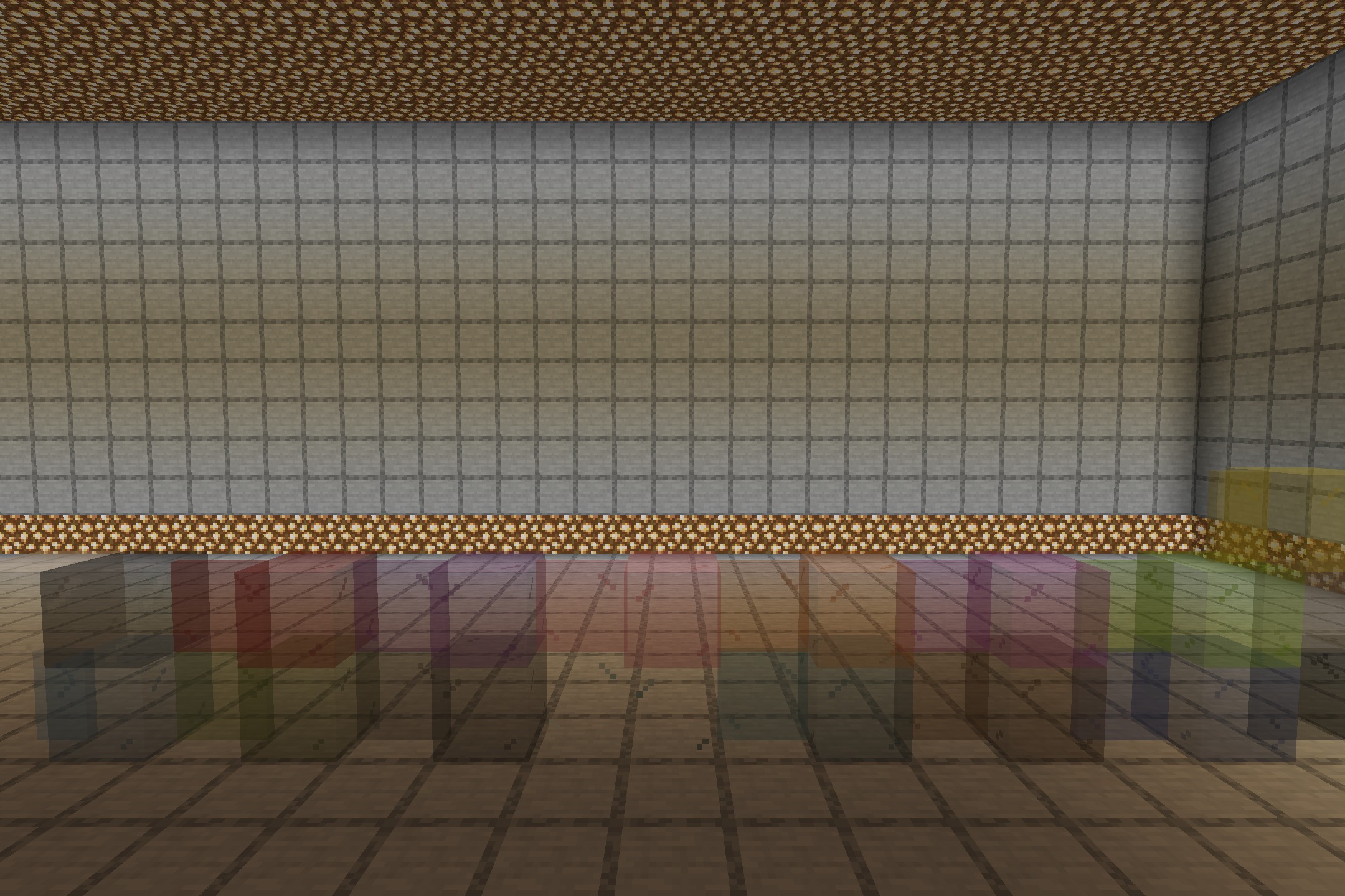 Borderless Glass No OptiFine Needed Bedrock Support Resource Pack Screenshot 1 Various colored glass blocks without borders placed on a wooden floor