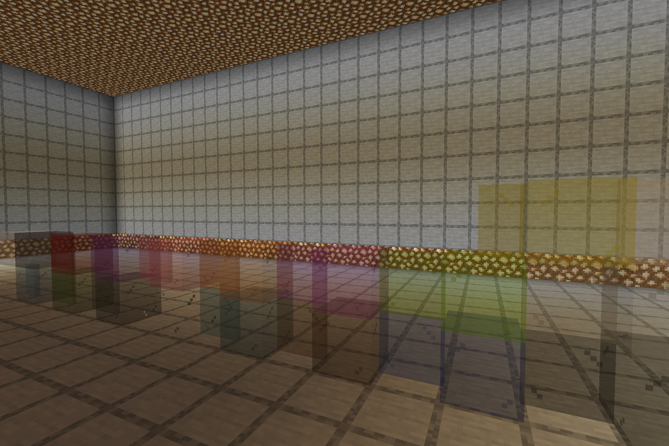 Borderless Glass No OptiFine Needed Bedrock Support Resource Pack Screenshot 2 Transparent stained glass blocks with seamless textures in a large room