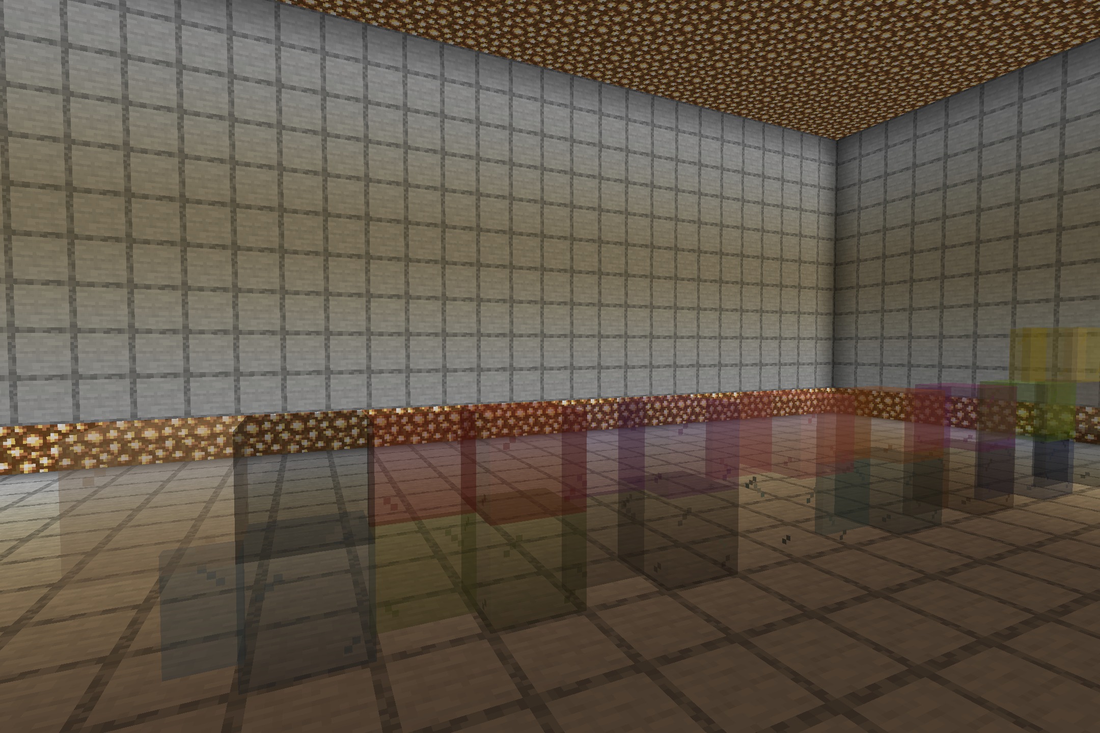 Borderless Glass No OptiFine Needed Bedrock Support Resource Pack Screenshot 3 A large room showcasing various colored glass blocks with no visible borders