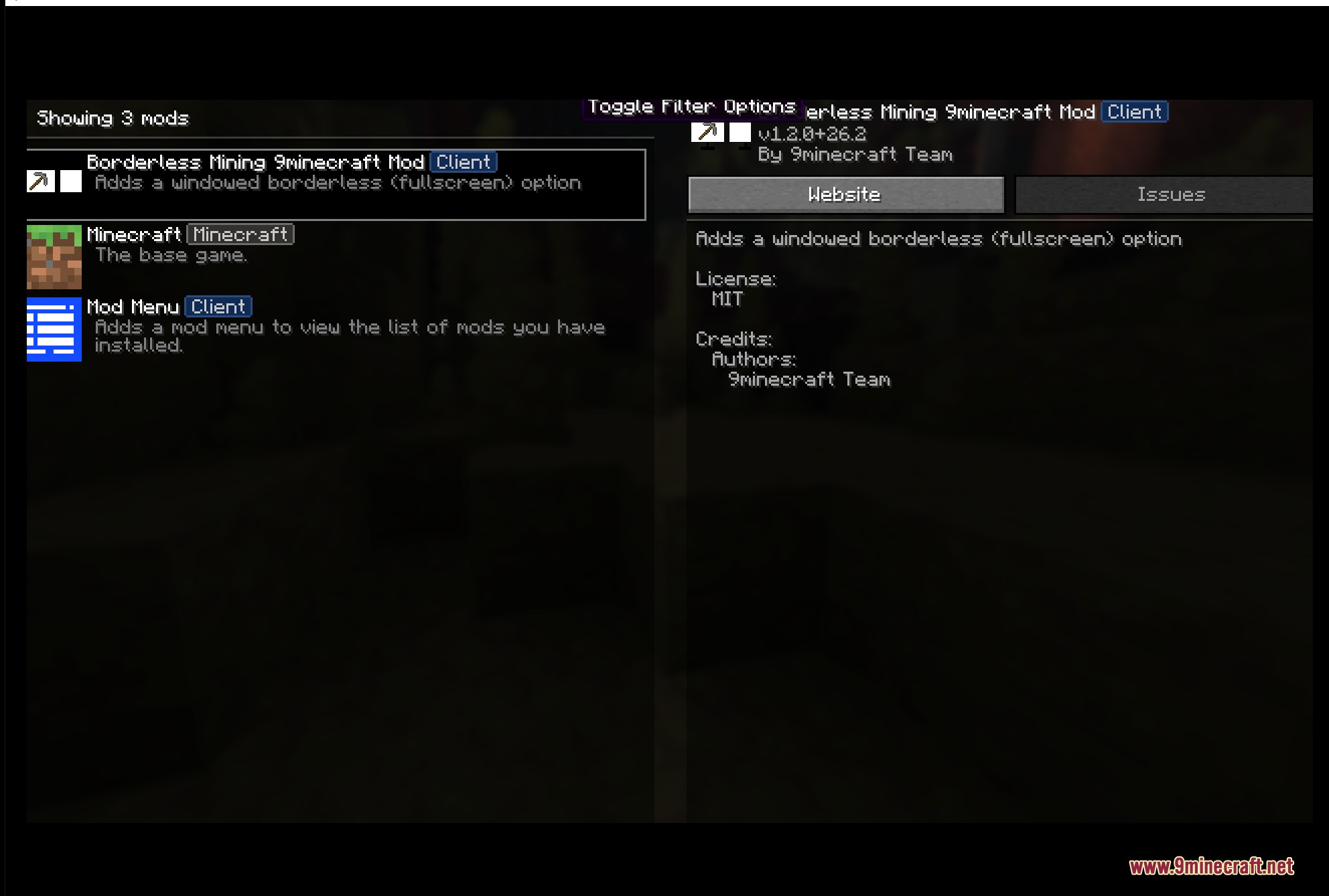 The mod menu interface showing details for the Borderless Mining client mod