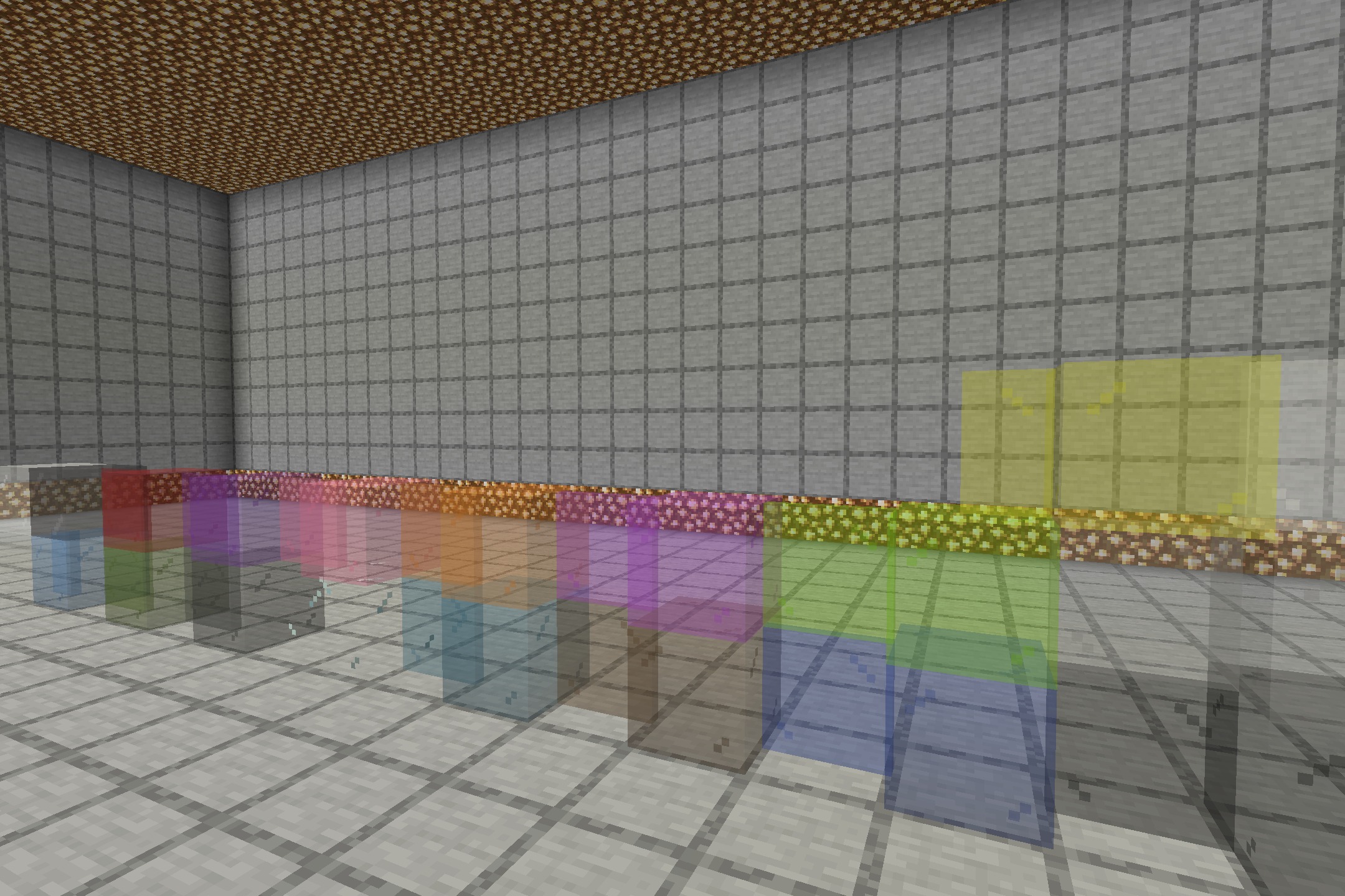 BorderlessGlass Resource Pack Screenshot 2 Perspective view of borderless stained glass blocks on a gray stone floor