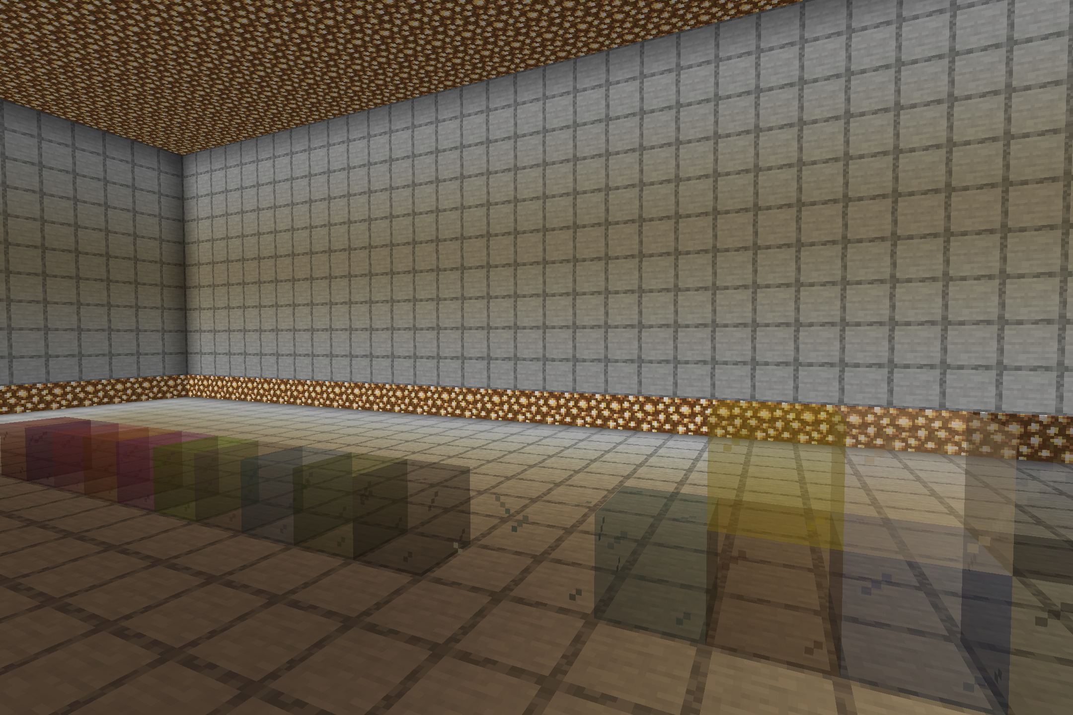 Side view of borderless stained glass blocks arranged on a tiled floor