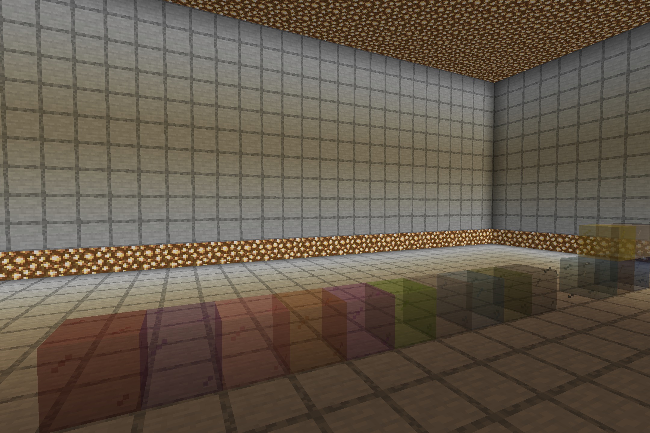 A Minecraft room showcasing various colored stained glass blocks on the floor