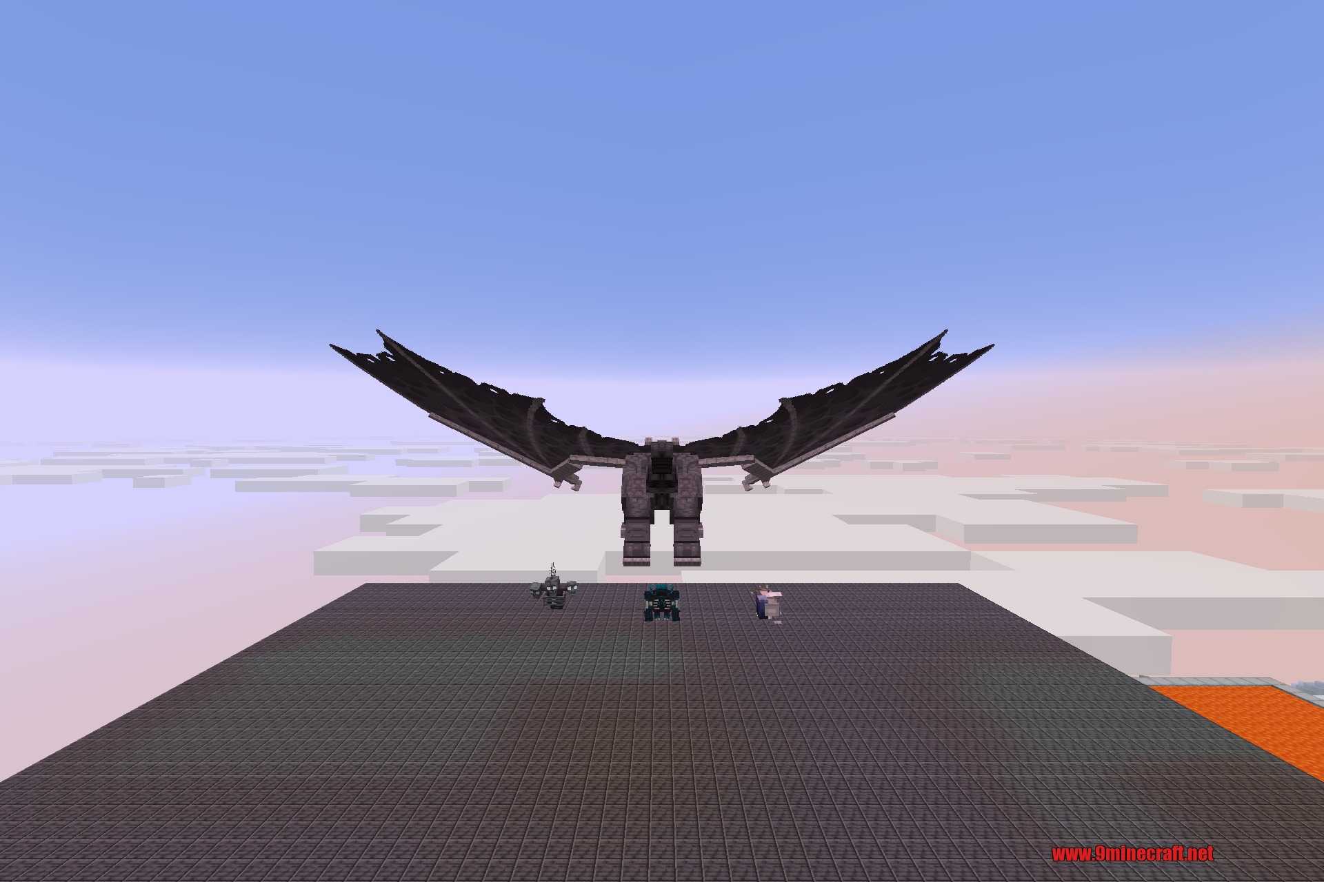 The reimagined Ender Dragon soaring above the arena with the other refreshed bosses below