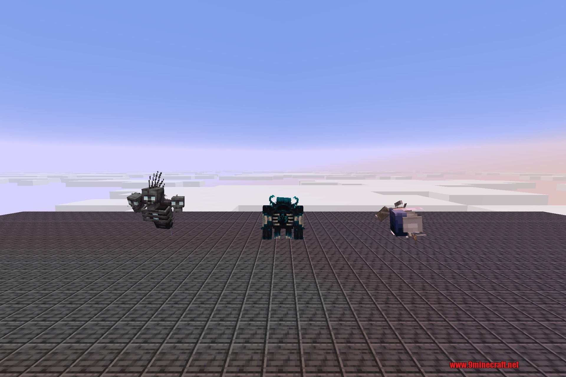 The Ender Dragon, Wither, Warden, and Elder Guardian lined up with their brand-new looks