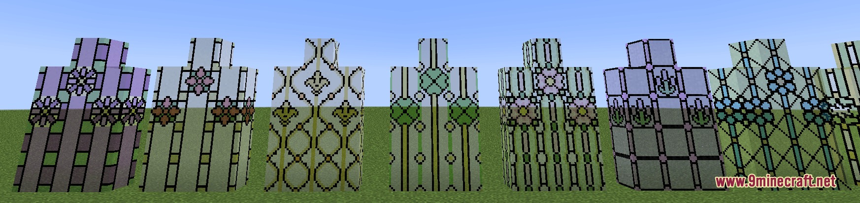 Botanical Crystal Panes Mod Screenshot 1 A row of decorative stained glass blocks with floral patterns in Minecraft