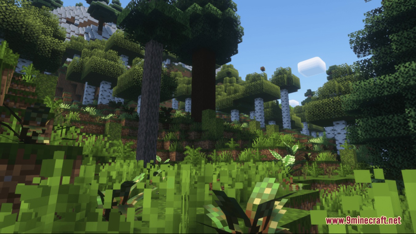Lush green vegetation and tall trees in the Fertile Forest biome of Minecraft