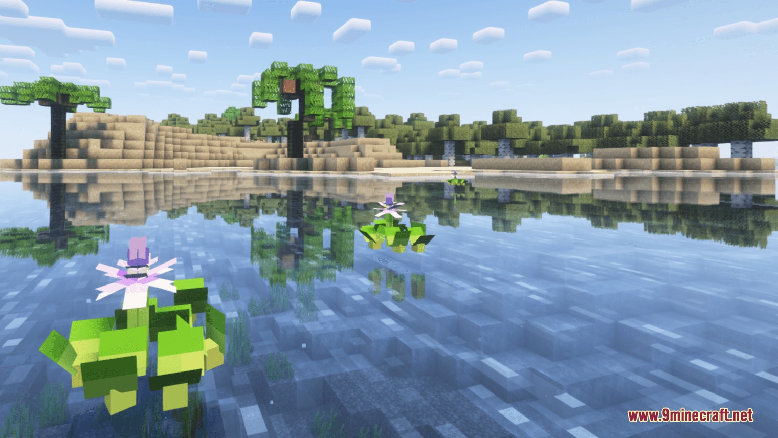 Purple botanical flowers floating on a calm lake in a Minecraft forest