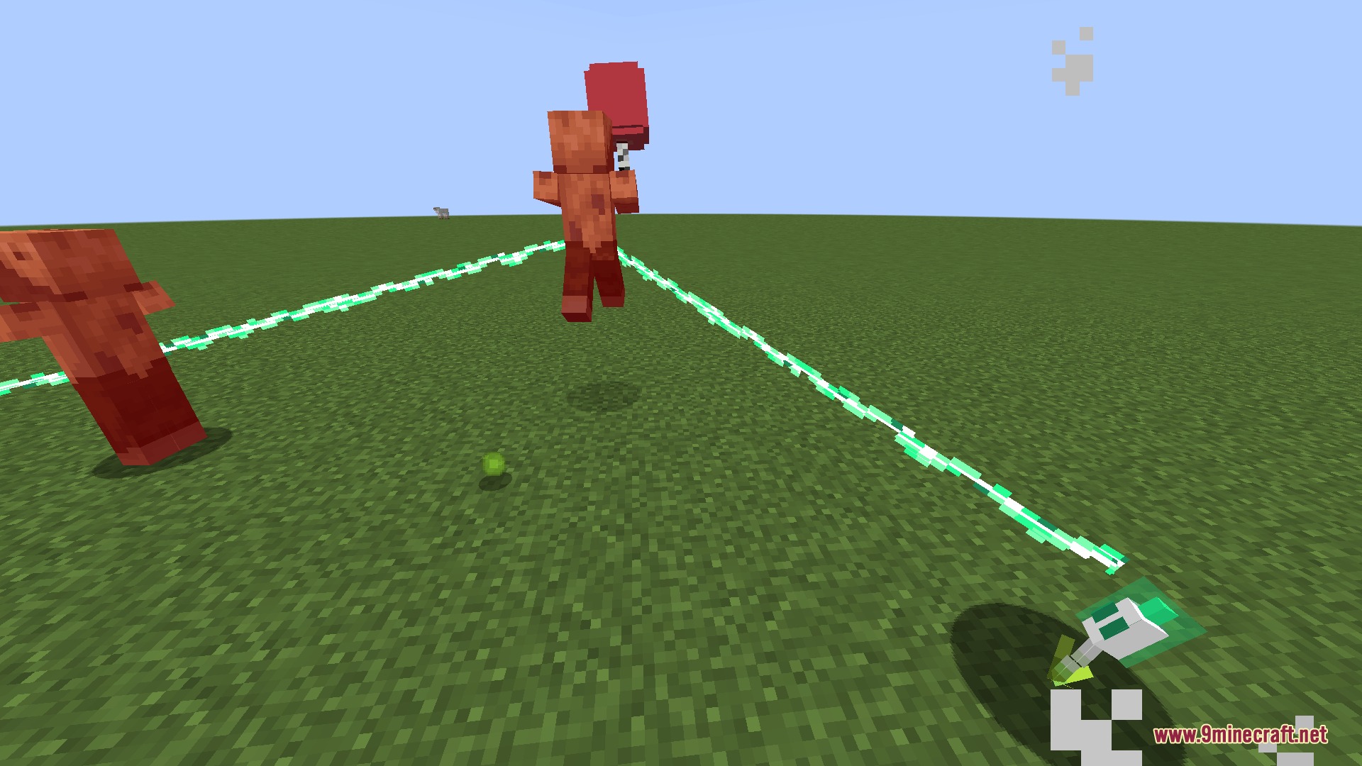 A combat ready plant mob attacks a zombie with a green beam