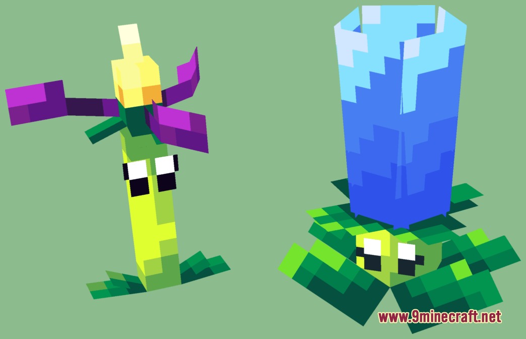 Two combat ready plant mobs from the Botanical Undead Legions mod for defense