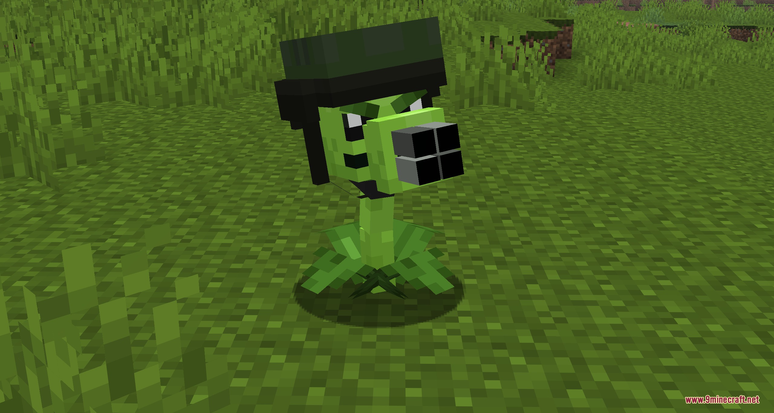 Botanical Undead Warfare Mod Screenshot 1 A green Gatling Pea wearing a helmet stands in a grassy Minecraft field