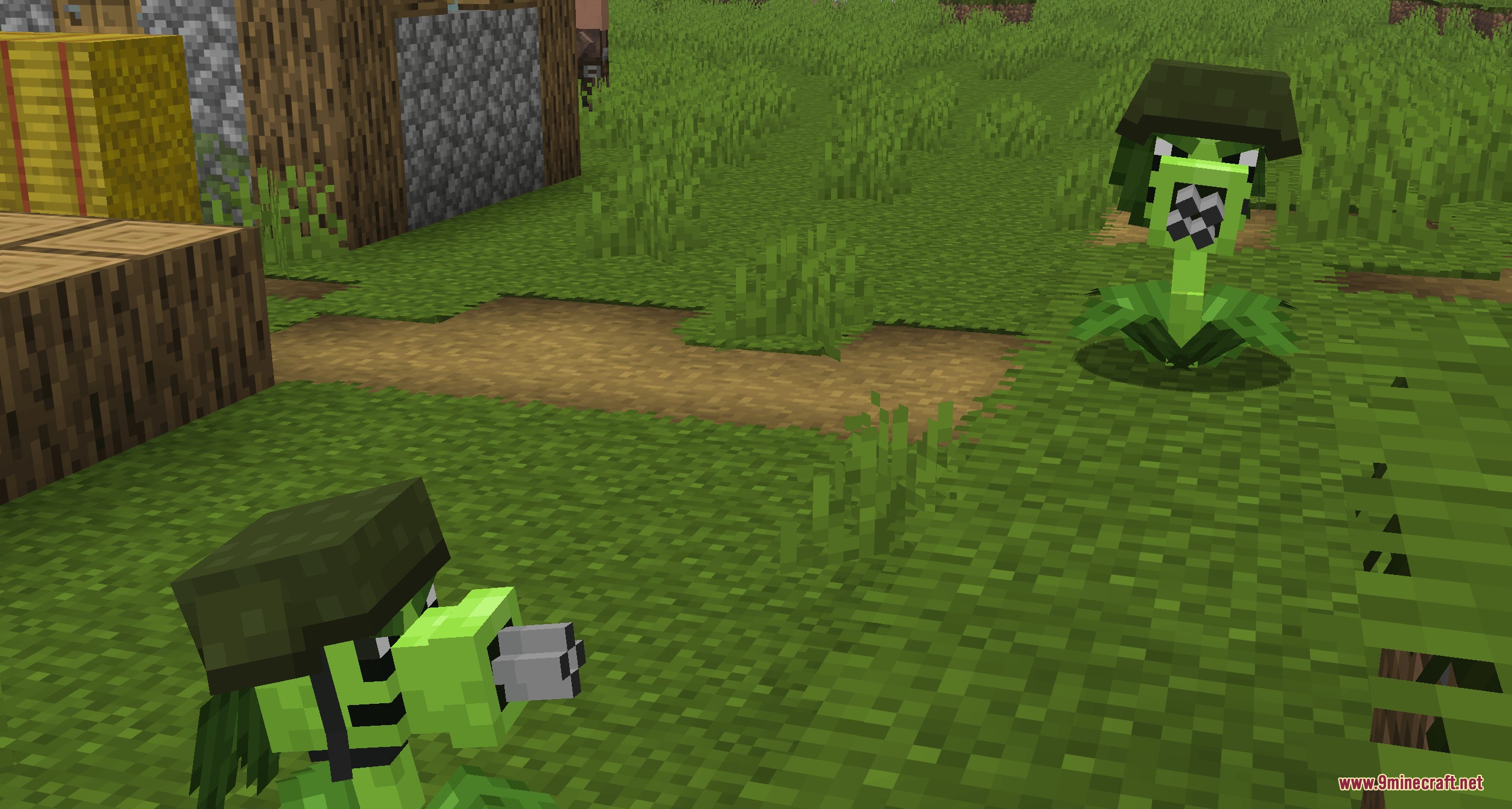 Botanical Undead Warfare Mod Screenshot 3 Two Gatling Peas wearing military helmets stand guard near a village house
