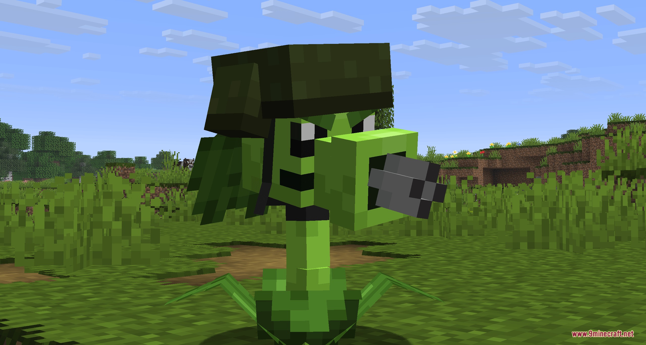 Botanical Undead Warfare Mod Screenshot 4 A Gatling Pea wearing a military helmet fires a projectile in Minecraft