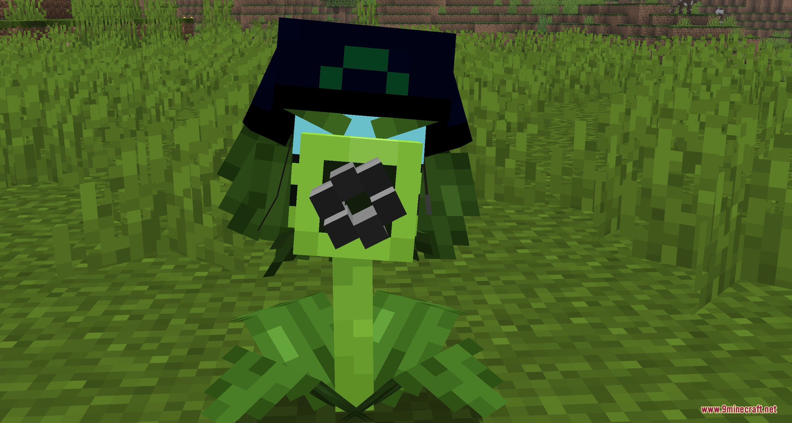 Botanical Undead Warfare Mod Screenshot 5 Front view of a Gatling Pea wearing a helmet in a Minecraft field