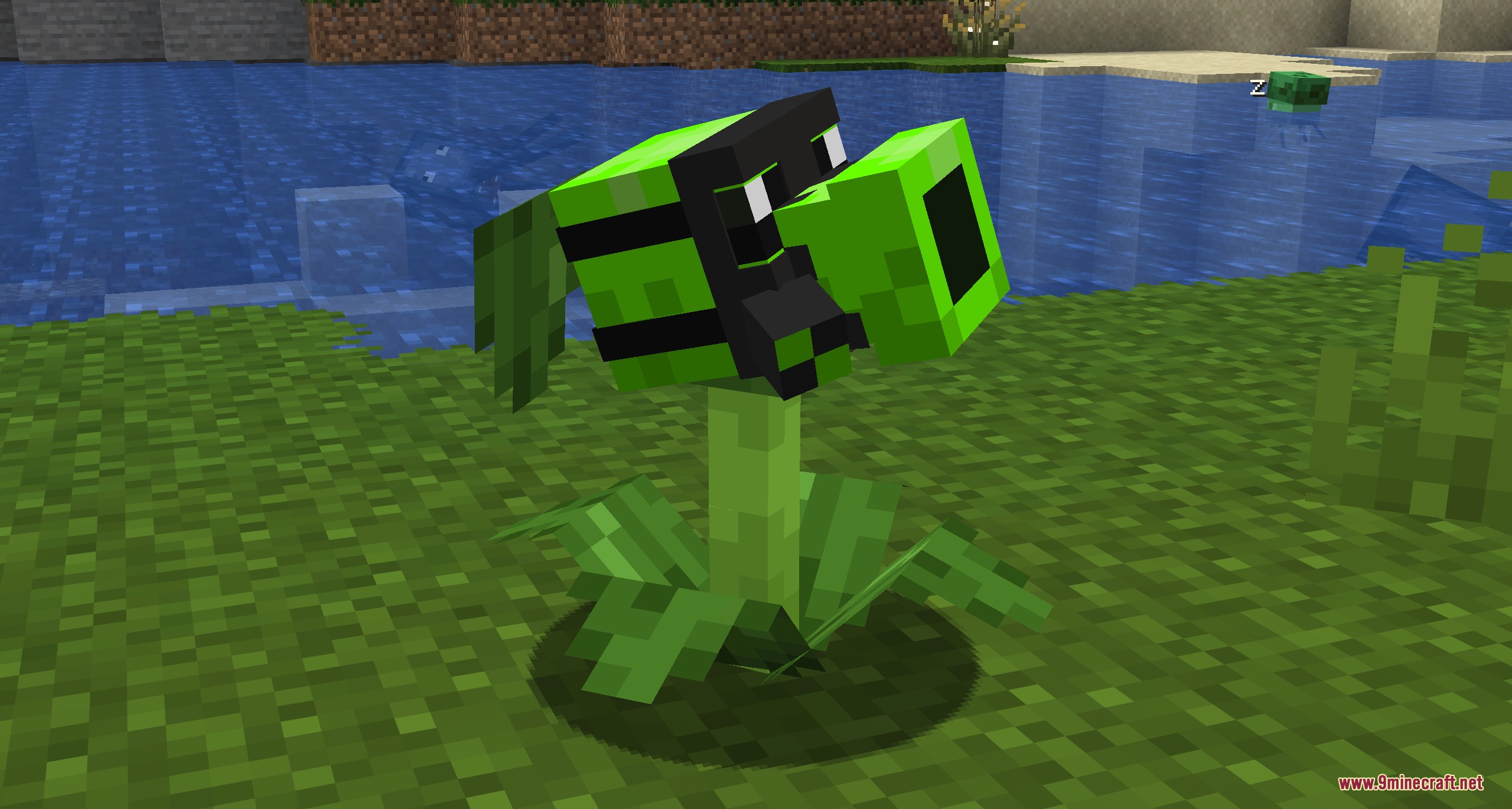 Botanical Undead Warfare Mod Screenshot 7 A green Toxic Pea plant standing on grass near a river