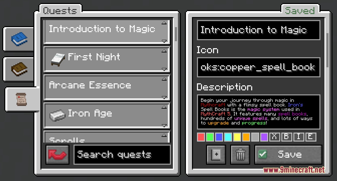Boundless Quests Mod Screenshot 3 Boundless Quests menu showing magic tasks and a spell book icon