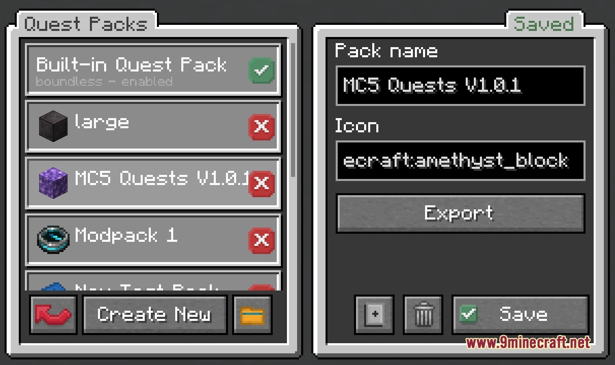 Boundless Quests Mod Screenshot 4 The quest pack editor screen displaying multiple packs and an export button