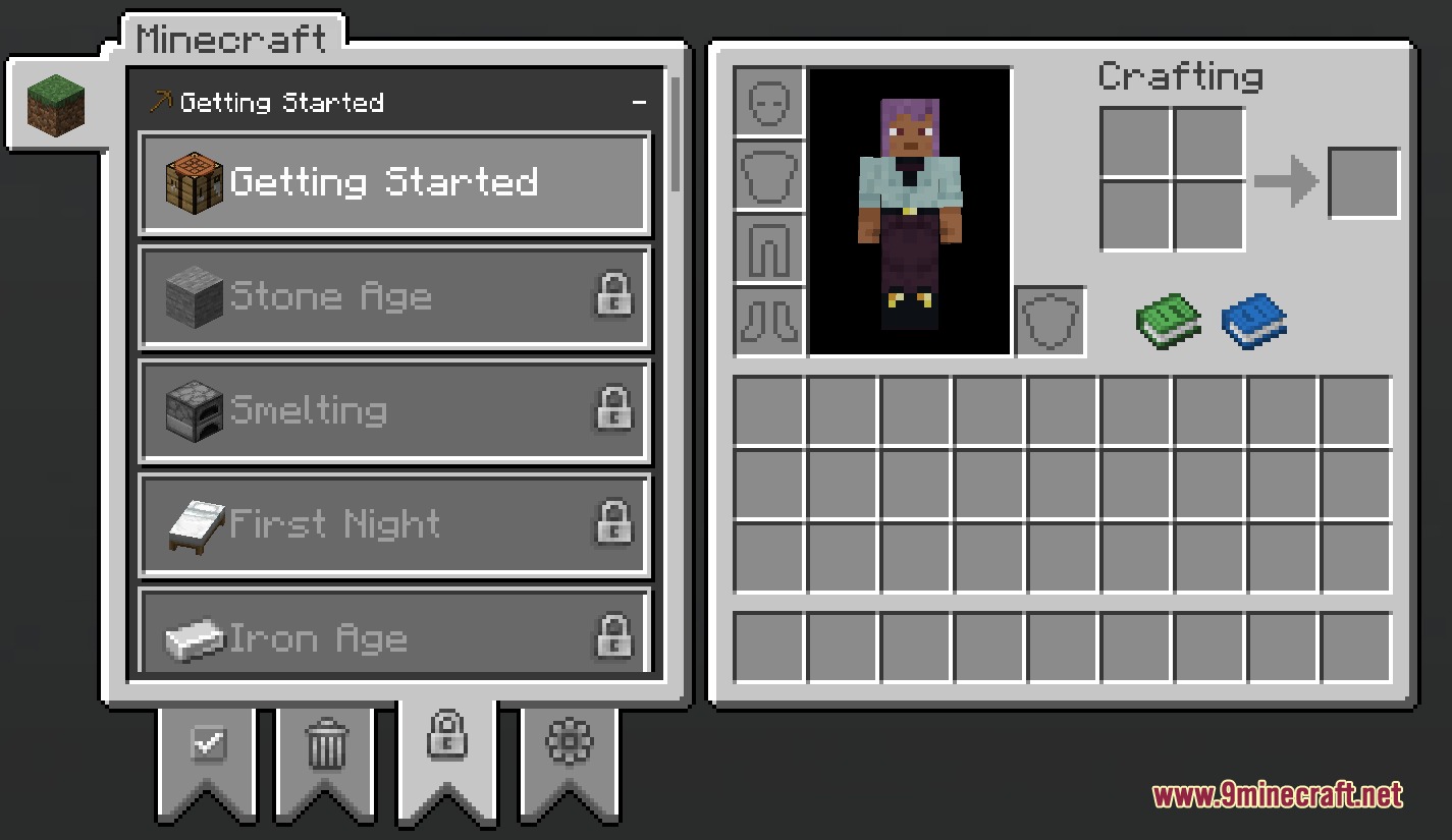 Boundless Quests Mod Screenshot 6 Quest menu in Minecraft inventory listing various locked and unlocked progression tasks for players