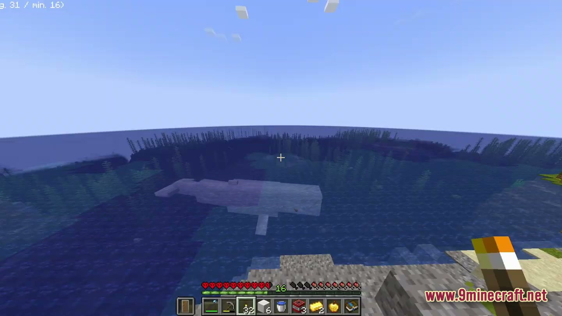Boundless Tale Odyssey Modpack Screenshot 2 A large whale swims through a kelp forest in a deep ocean biome