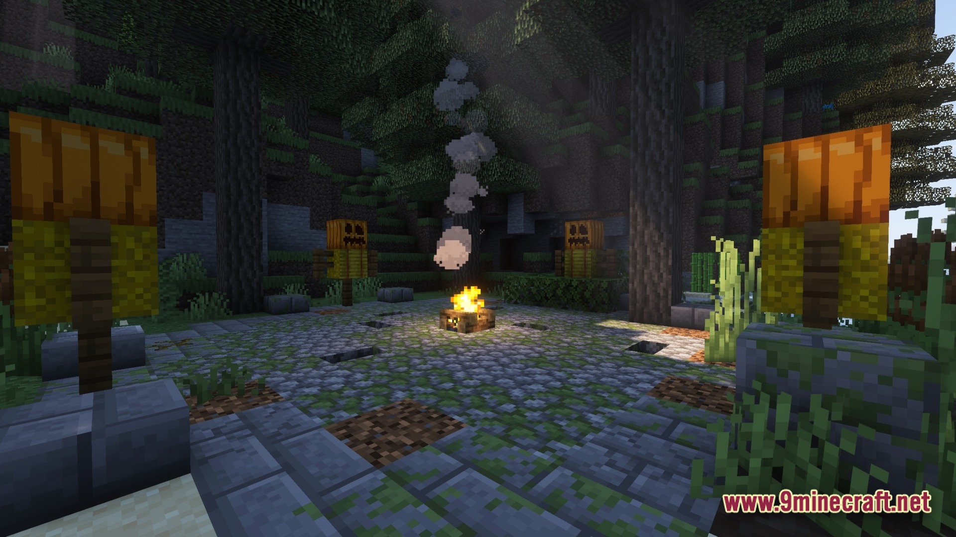 Boundless Tale Odyssey Modpack Screenshot 8 A stone clearing in a dark forest featuring a central campfire and several pumpkin-headed training dummies