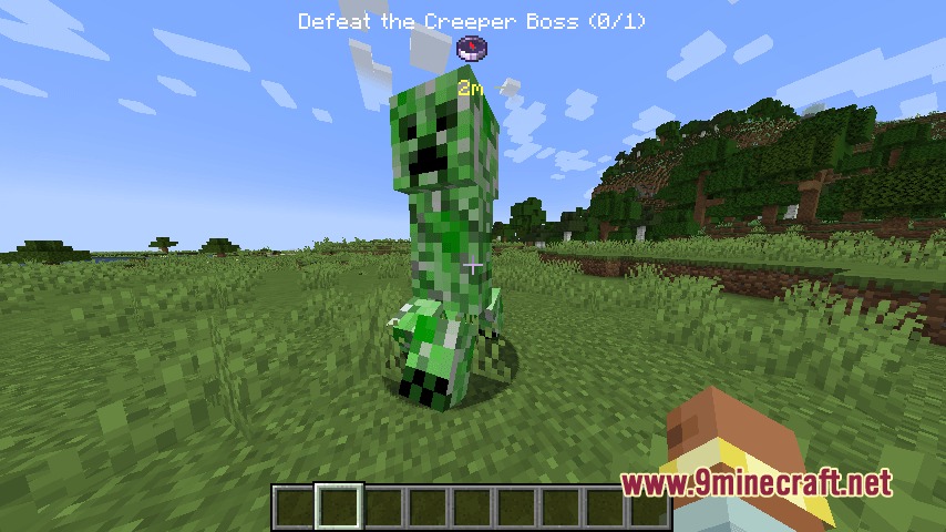 A player encounters a giant Creeper boss while tracking a bounty quest