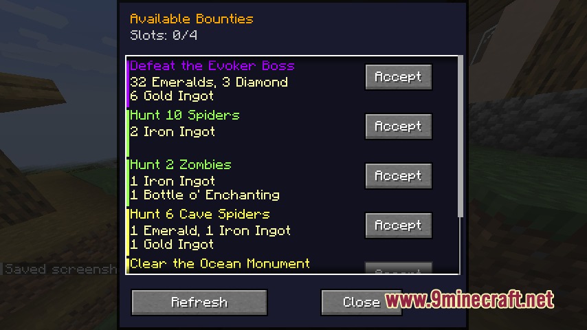 The bounty menu interface showing various monster hunting tasks and rewards