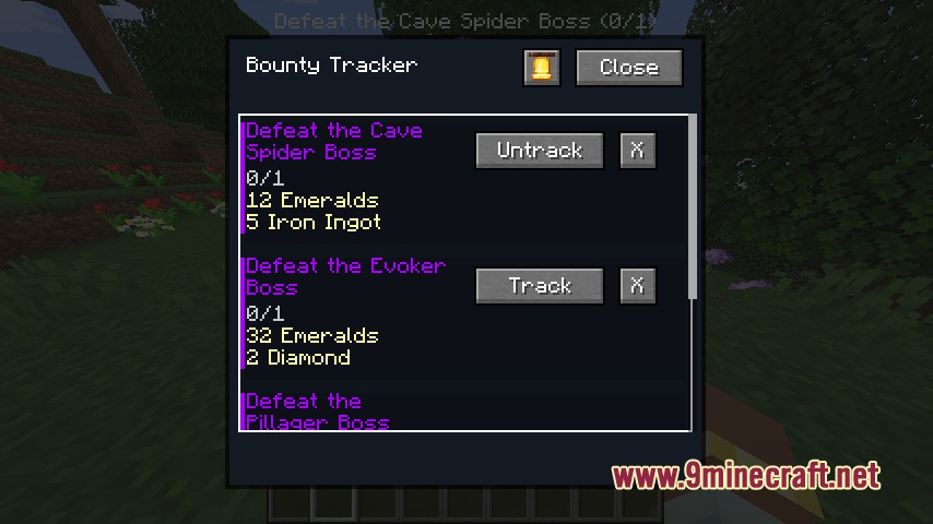 The Bounty Tracker menu from Bounty Craft displays active monster hunting quests
