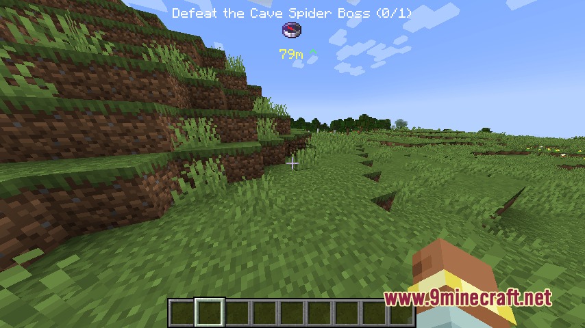 A player tracking a cave spider boss quest with a compass indicator