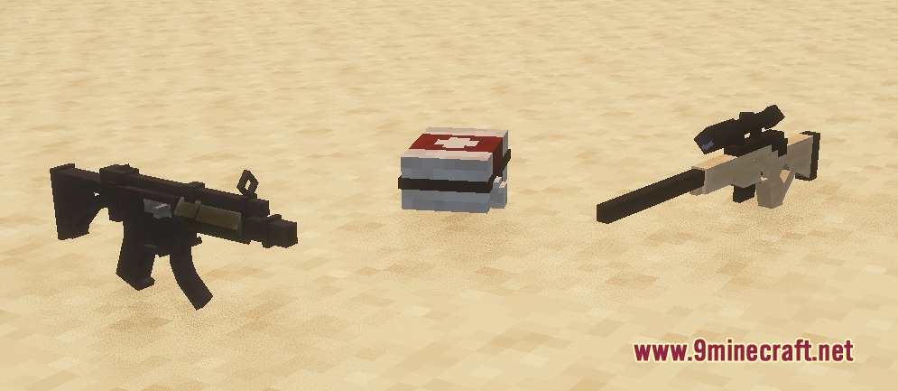 Bows to Guns Fortnite Resource Pack Screenshot 1 Fortnite submachine gun med kit and sniper rifle displayed on the sand