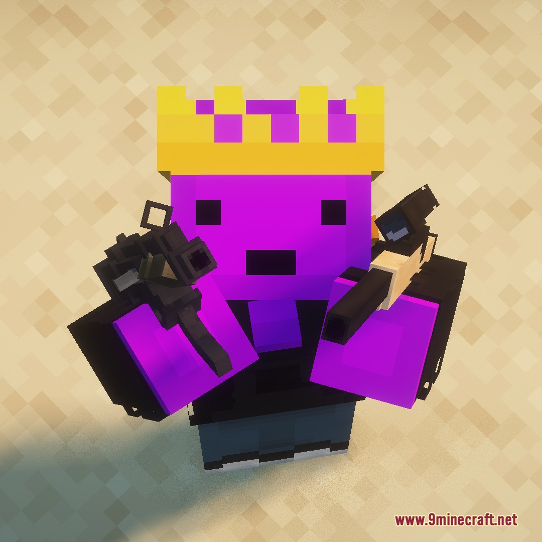 Bows to Guns Fortnite Resource Pack Screenshot 2 Purple character wearing a crown dual wielding a submachine gun and sniper rifle