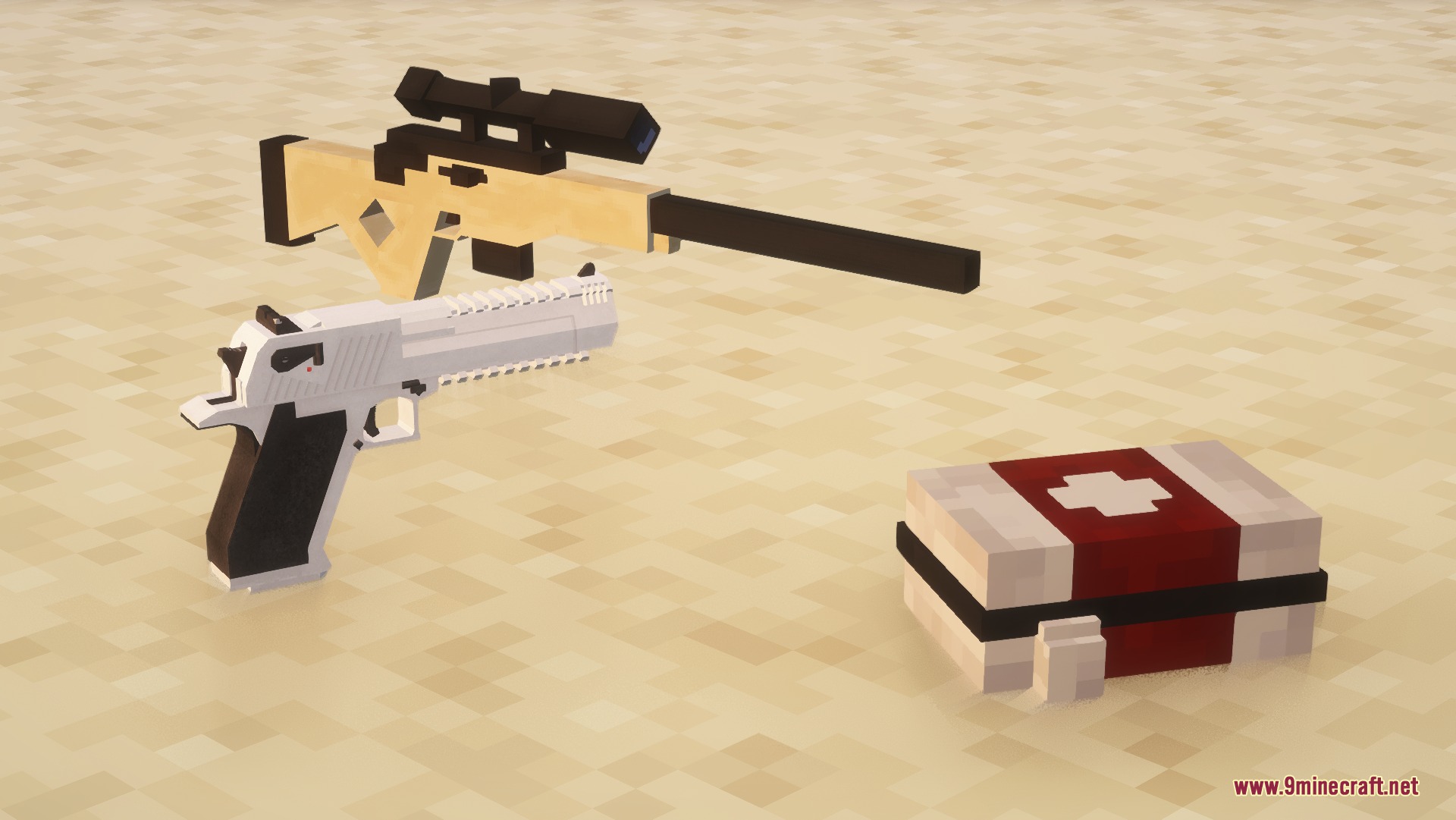 Bows to Guns Fortnite Resource Pack Screenshot 3 A sniper rifle and a white pistol model next to a medical kit