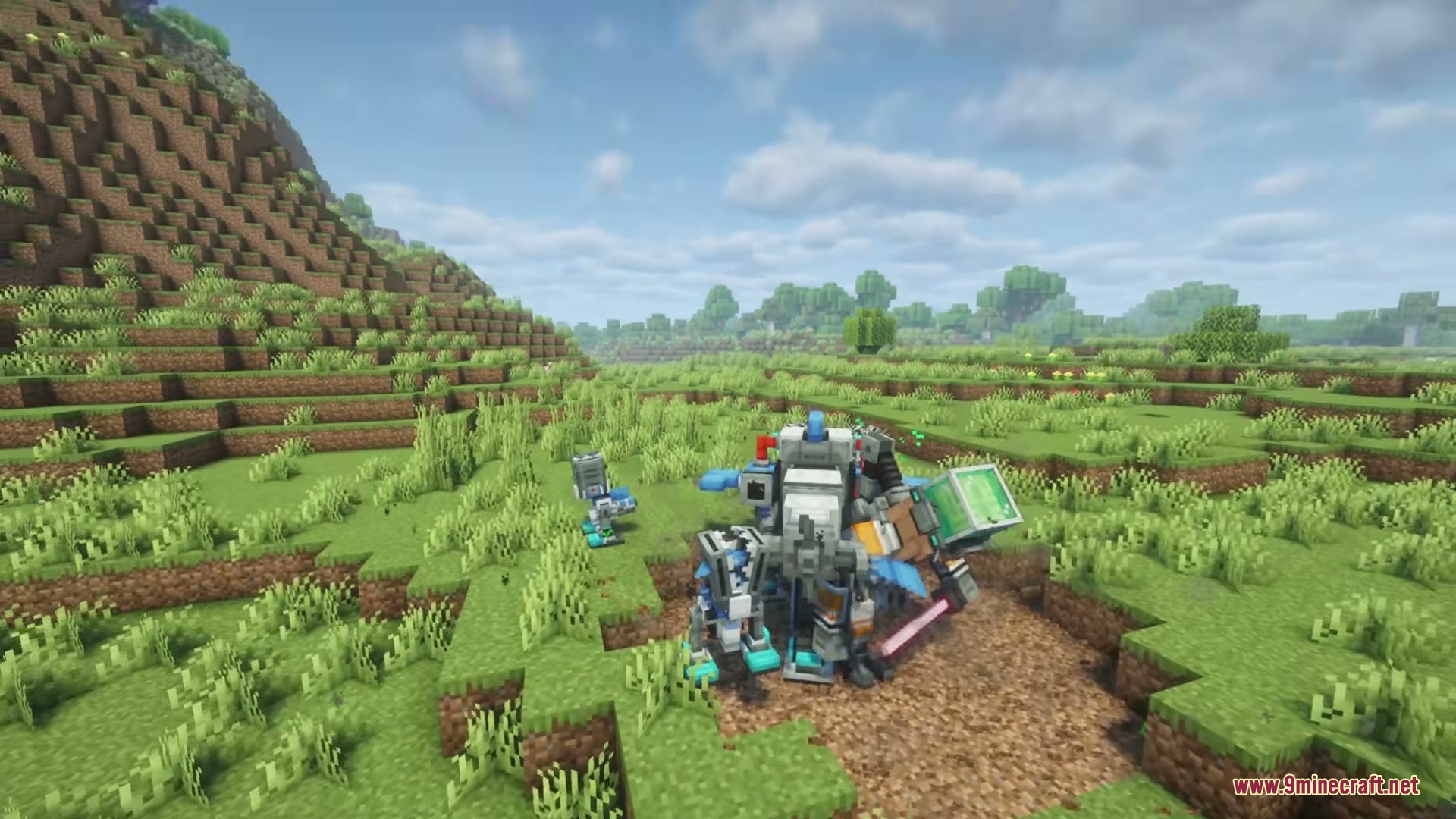 Brainrot Protocol Mod Screenshot 1 A massive mechanical boss from the Brainrot Protocol Mod stands in a field