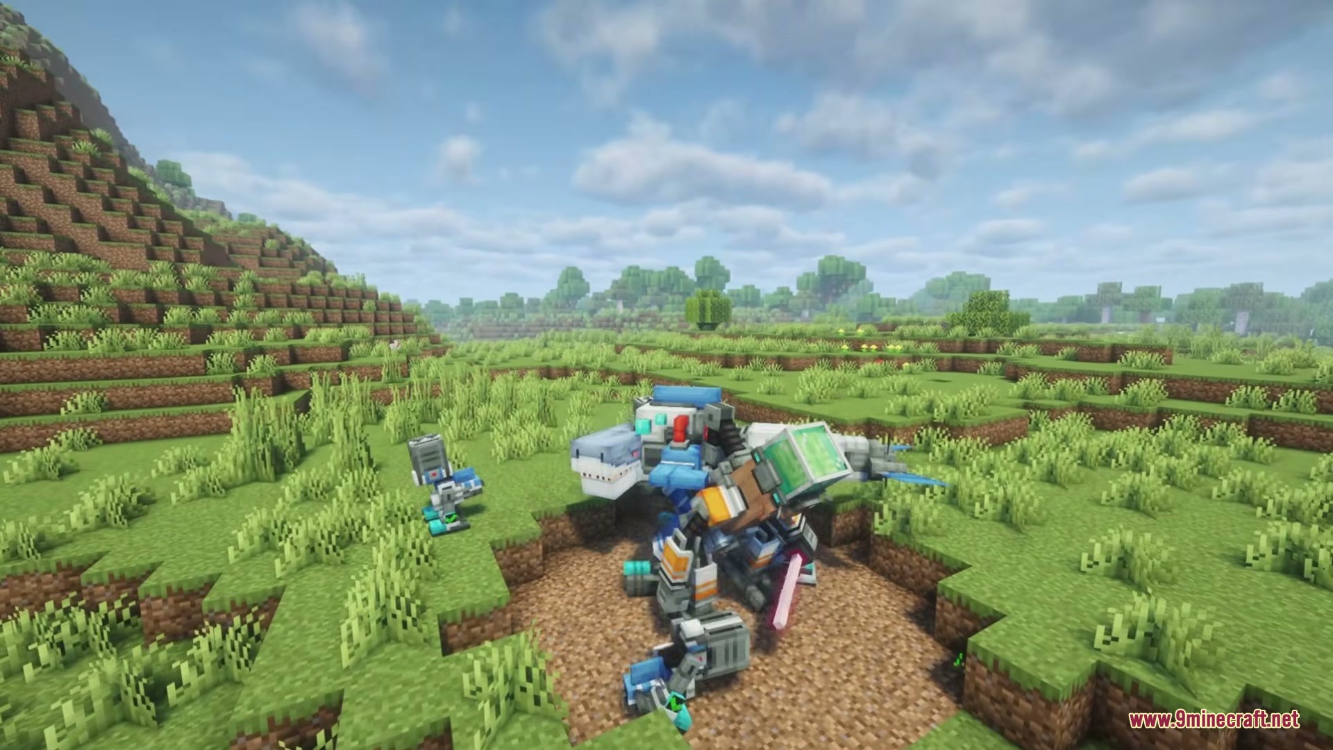 Brainrot Protocol Mod Screenshot 2 The cybernetic boss prepares for battle in a grassy Minecraft landscape