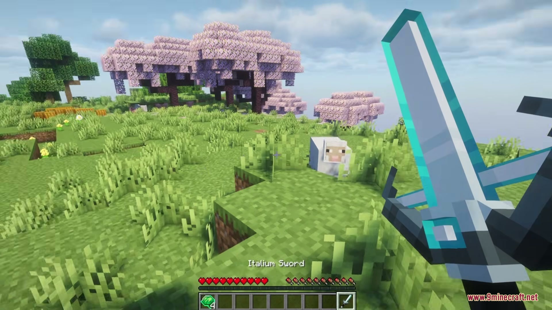 Brainrot Protocol Mod Screenshot 3 Player holding a powerful Italium Sword in a scenic cherry blossom biome