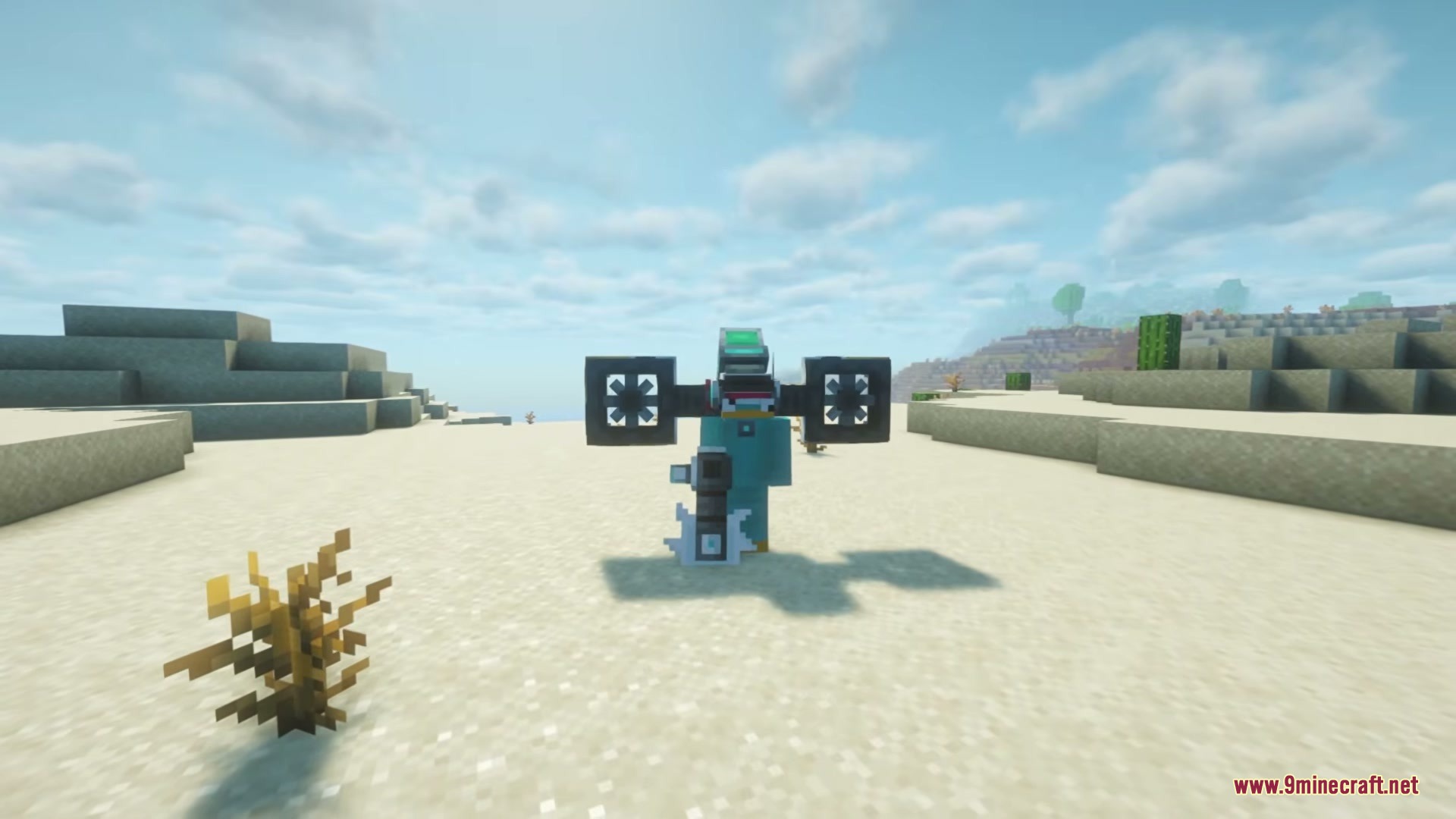 Brainrot Protocol Mod Screenshot 4 Minecraft character wearing futuristic cybernetic armor and holding a large mechanical weapon