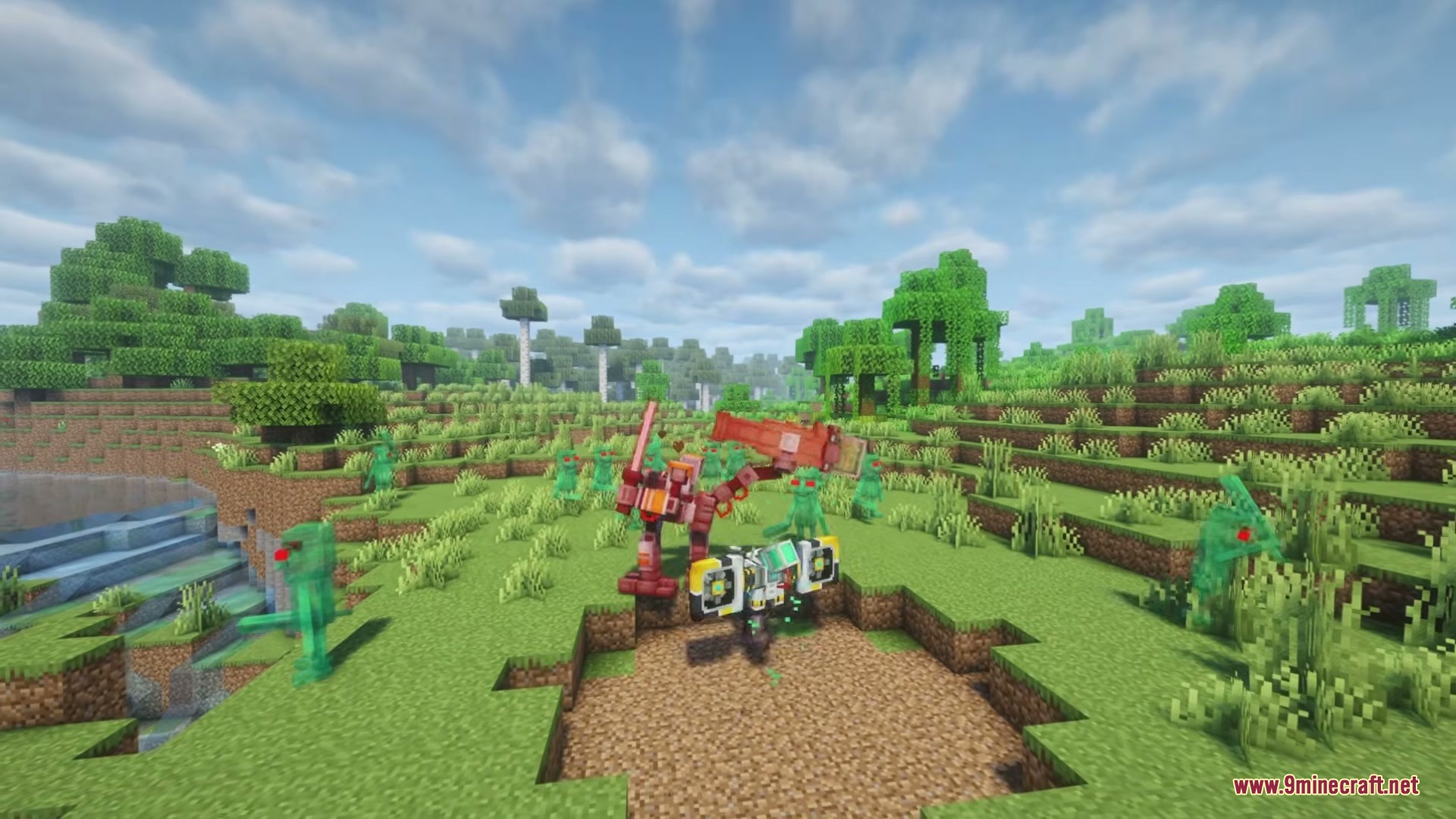 Brainrot Protocol Mod Screenshot 5 The red Cyborg Tung Tung Sahur boss stands among green ghostly defenders