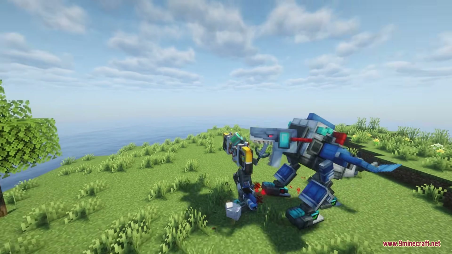 Brainrot Protocol Mod Screenshot 7 A massive blue robotic shark attacks a small mechanical companion on grass